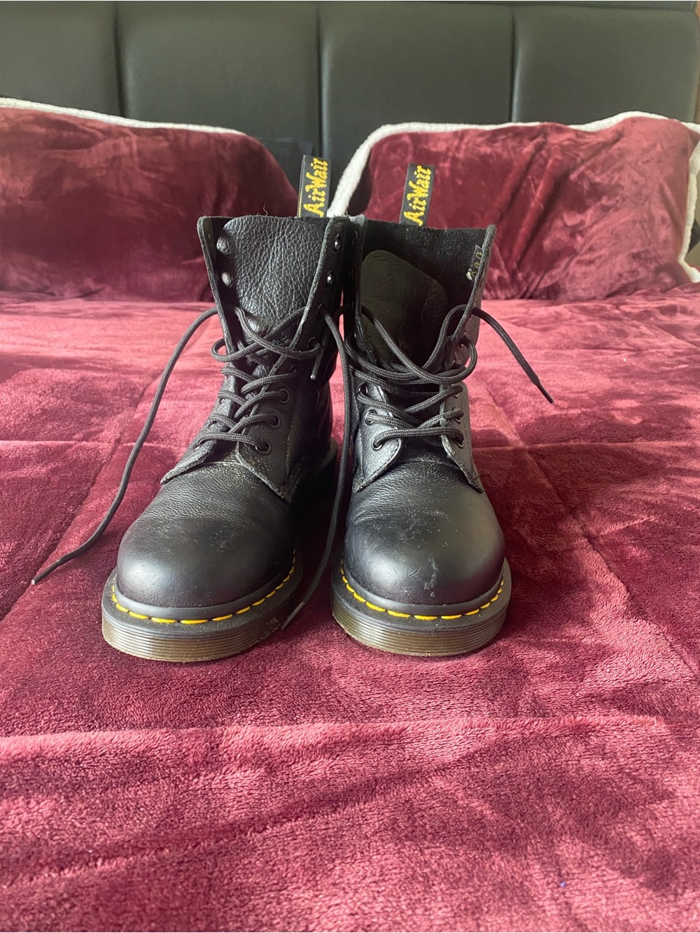 Dr. Martens Black Leather 8-Eye Combat Boots with Yellow Stitching